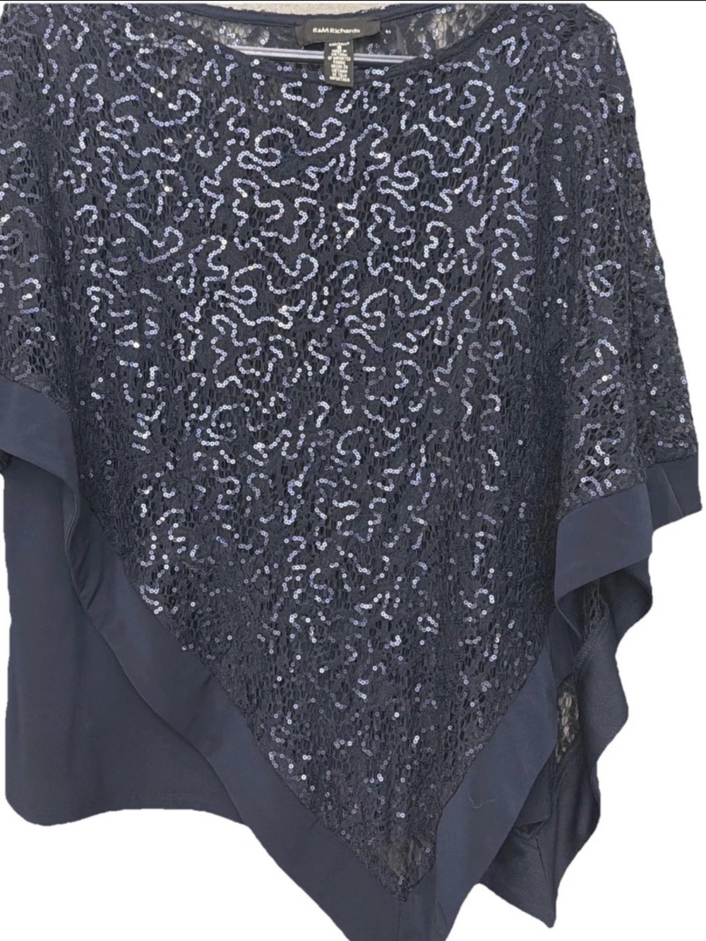 R&M Richards Navy Sequin Lace Poncho overlay Top mob wife luxury